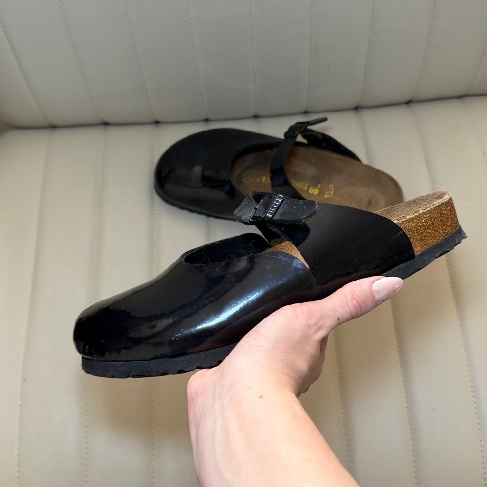 Birkenstock Black Patent Clog Mule with Cork Footbed